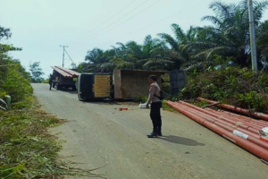 Hilang Tenaga saat Nanjak, Truk Muatan Tiang Listrik Terguling di Nanga Mahap